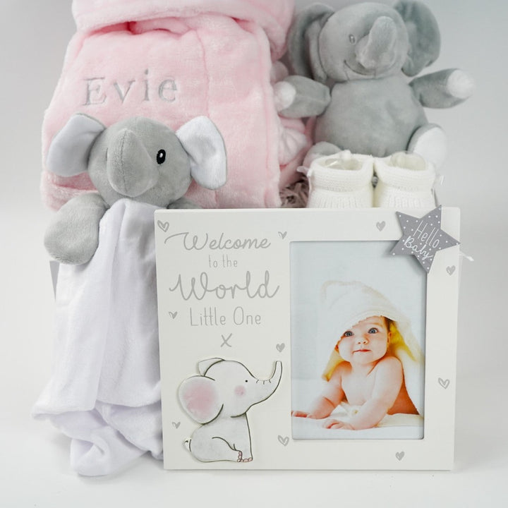 Personalisable Pink Baby Girl Elephant Themed Hamper - Roo And Little Boo