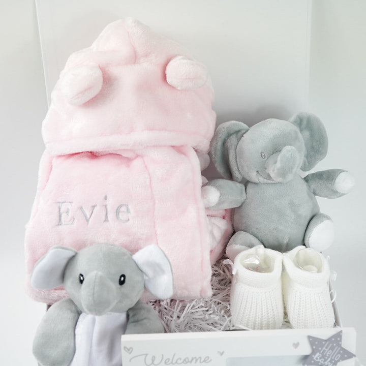 Personalisable Pink Baby Girl Elephant Themed Hamper - Roo And Little Boo