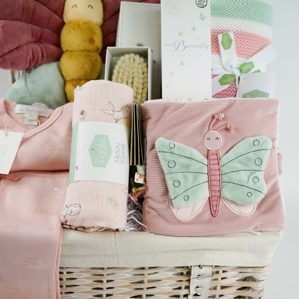 Pink butterfly baby girl hamper, baby clothing set, baby cotton knit blanket in pink, pink muslin with bunnies, large butterfly soft toy, soft fabric baby book in pink with butterflies and flowers, white cute baby shoes in white with bunny ears, baby hairbrush