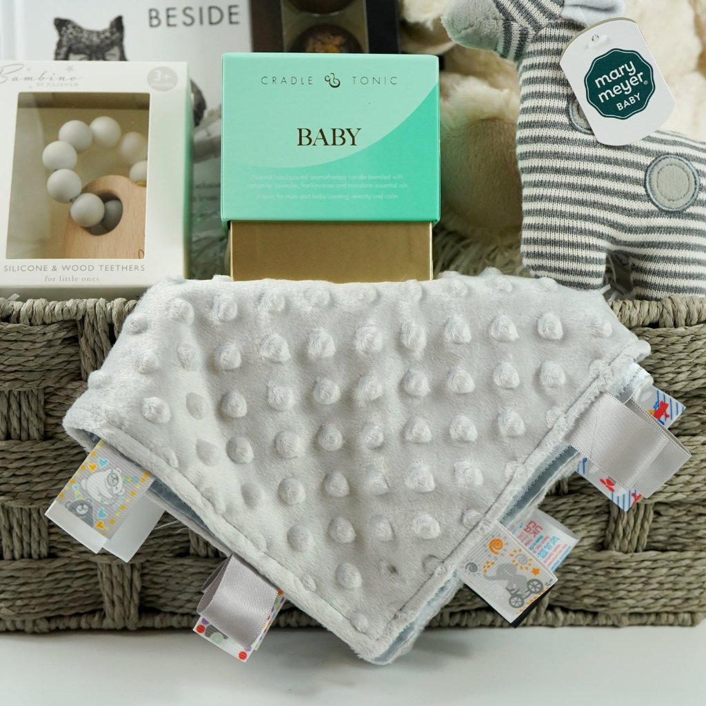 mum and baby sensory hamper , sensory book, 3 muslins in black and white, cream teddy, striped zebra soft rattle, sensory candle, 