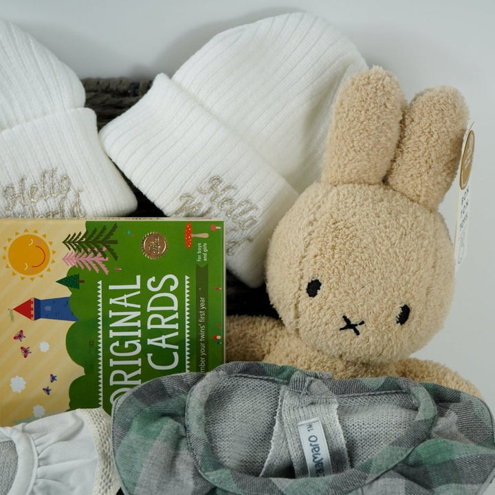 twin baby hamper  with 2 baby rompers in green and grey, white baby beanie hat, 2 x miffy one grey one biscuits colour, twins milestone cards 