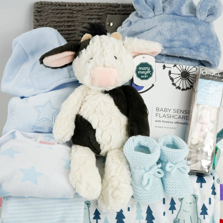 baby boy hamper with velour baby clothing set in blue, soft baby comforter with taggies, blue knit booties, cow soft toy, sensory cards , chocolate spoon