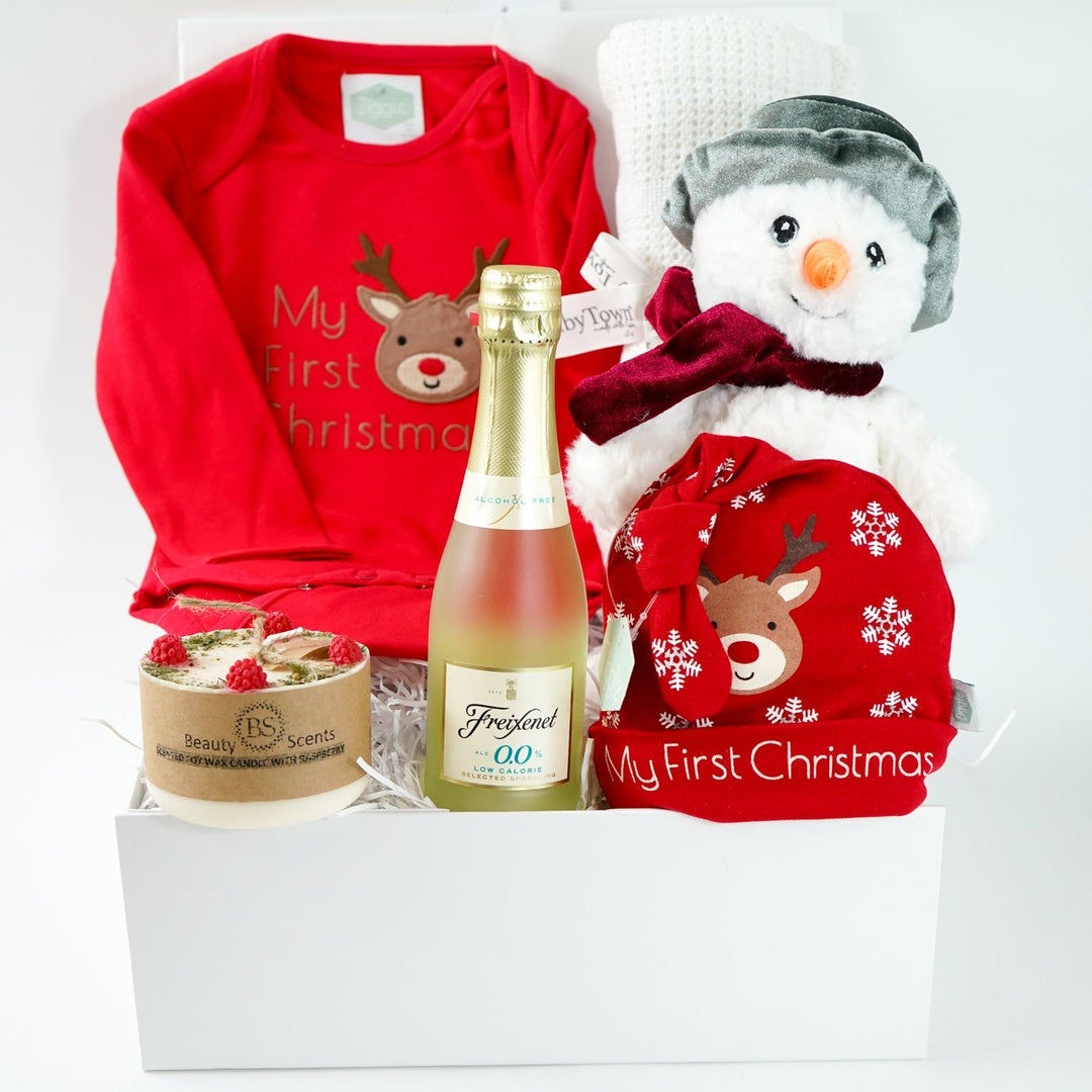 baby's first Christmas hamper with baby Christmas clothing, Soy wax candle, snowman soft toy, alcohol; free wine, baby blanket