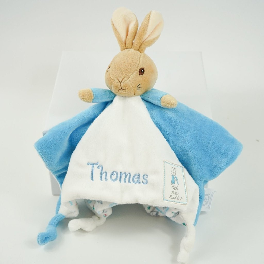 Baby Boy Gift Box, Personalisable Beatrix Potter Peter Rabbit Comforter , Baby Fluffy Pompom Hat