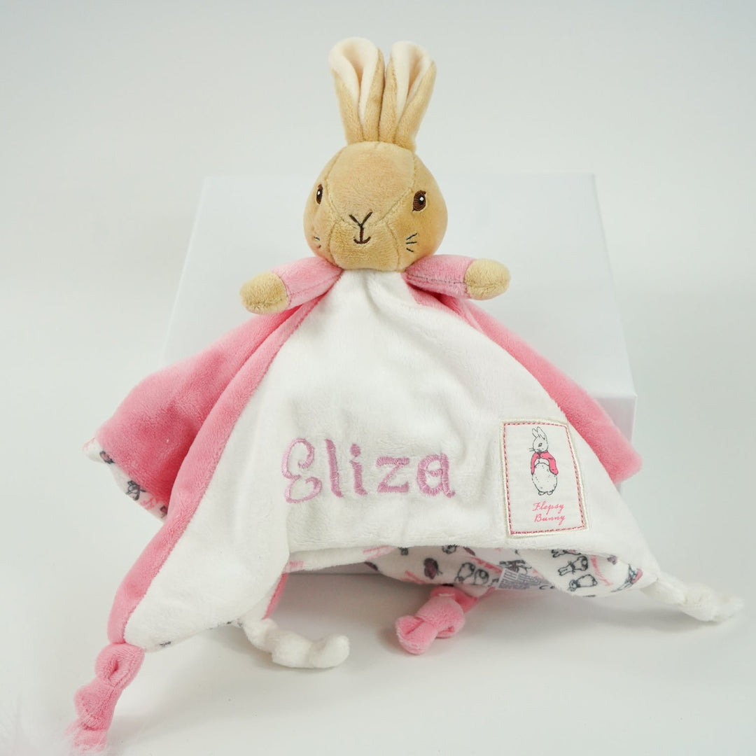 Baby Girl Gift Box, Personalisable Beatrix Potter Comforter , Baby Fluffy Pompom Hat