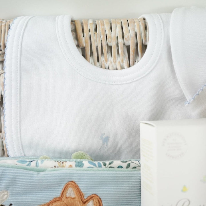 baby boy luxury baby hamper wioth luxury white clothing set, little dutch soft blocks with forest animals, little duct soft book with forest animals, organic baby bath, soft steiff teddy bear, baby white cute slippers 