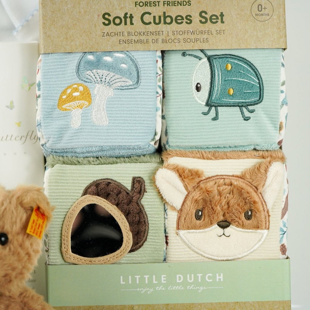 baby boy luxury baby hamper wioth luxury white clothing set, little dutch soft blocks with forest animals, little duct soft book with forest animals, organic baby bath, soft steiff teddy bear, baby white cute slippers 