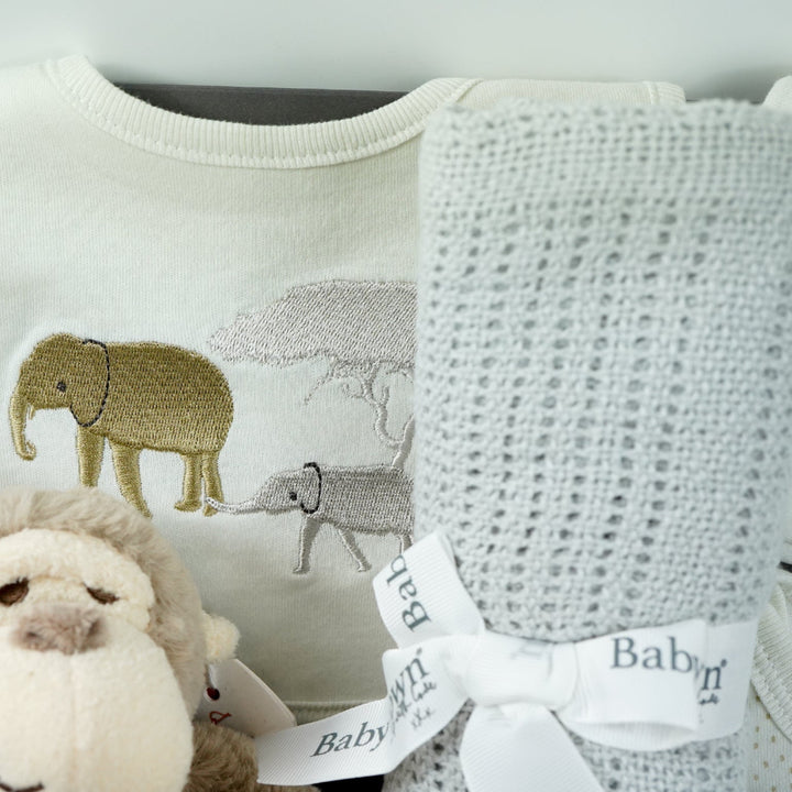 neutral baby hamper box, brown ecofriendly baby monkey comforter and matching soft toy, caramel coloured baby booties and wooden teething keys, grey soft cellular blanket, cream 100% cotton baby layette with embroidered elephants in brown and grey on the bib and printed elephants on the body