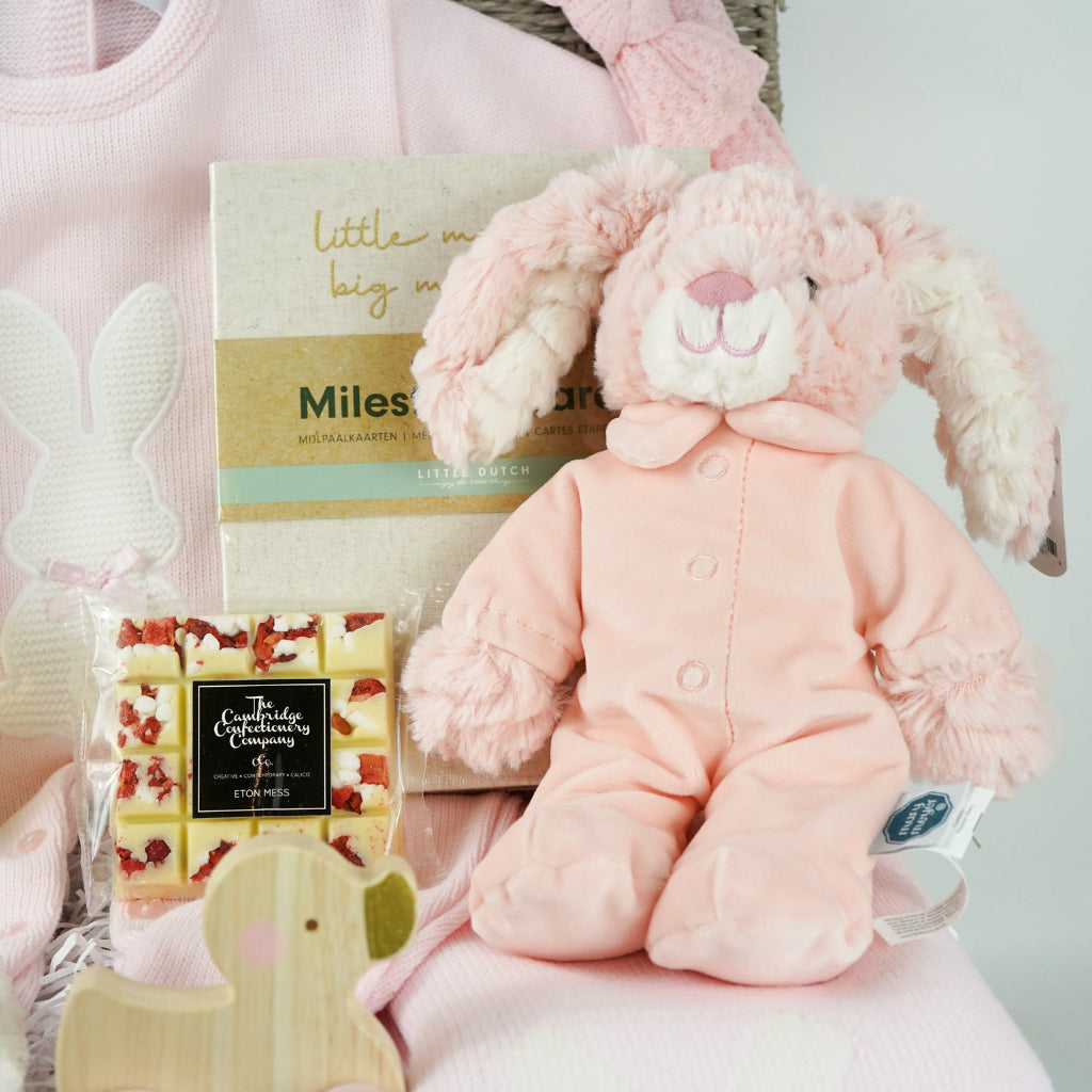 baby girl hamper basket includes fine knit pink romper with feet and white bunny  and matching blanket, small bottle alcohol free sparkling wine, satin baby shoes, white chocolate eton mess bar, wooden push along duck, pink bunny in velour romper, memorable moments cars in a box, baby plaque