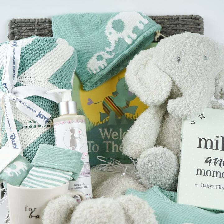 Luxury Neutral Baby Hamper, Organic Baby Outfit And Blanket, Nattou Elephant Soft Toy And Comforter