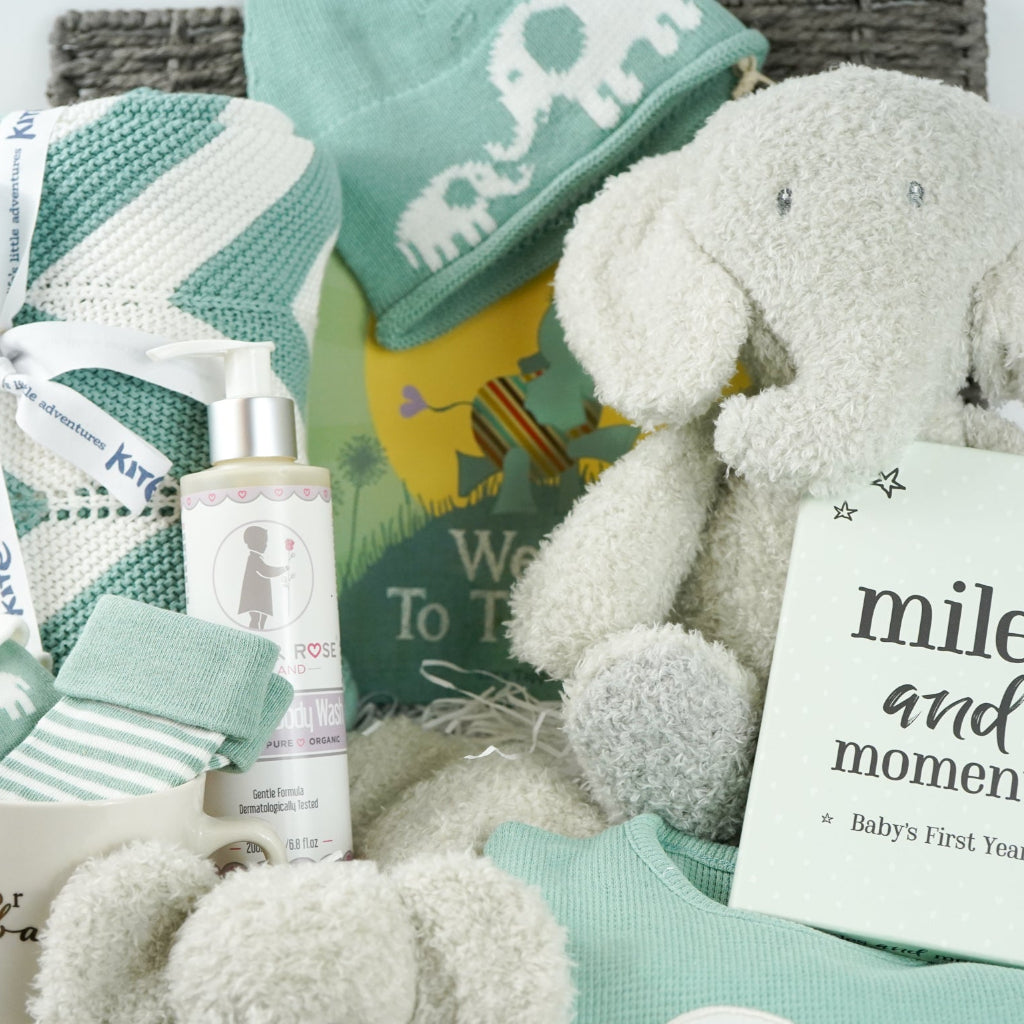 Baby hamper basket with soft grey fluffy elephant by Nattou and matching baby comforter, softt organic baby blanket in green and cream, organic green waffle effect baby romper with cream elephant design, green baby socks with elephants, knit beanie hat in green with elephants, baby porcelain mug with gold writing for baby, organic baby wash,  Welcome o the world baby book