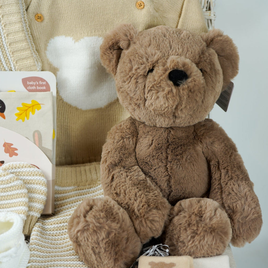 teddy bear themed baby hamper, beige and white baby knit clothing set with jumper, stripe knit leggings, hat and mittens, fabric baby book, 2 pairs of cream baby socks with teddy bear design , fabric baby book, baby shampoo and body wash, fabric book