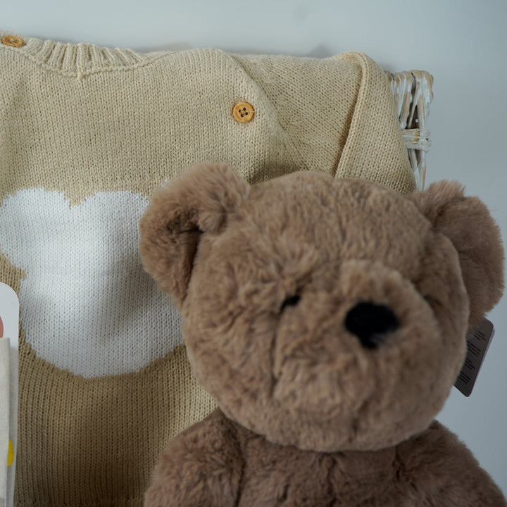 teddy bear themed baby hamper, beige and white baby knit clothing set with jumper, stripe knit leggings, hat and mittens, fabric baby book, 2 pairs of cream baby socks with teddy bear design , fabric baby book, baby shampoo and body wash, fabric book