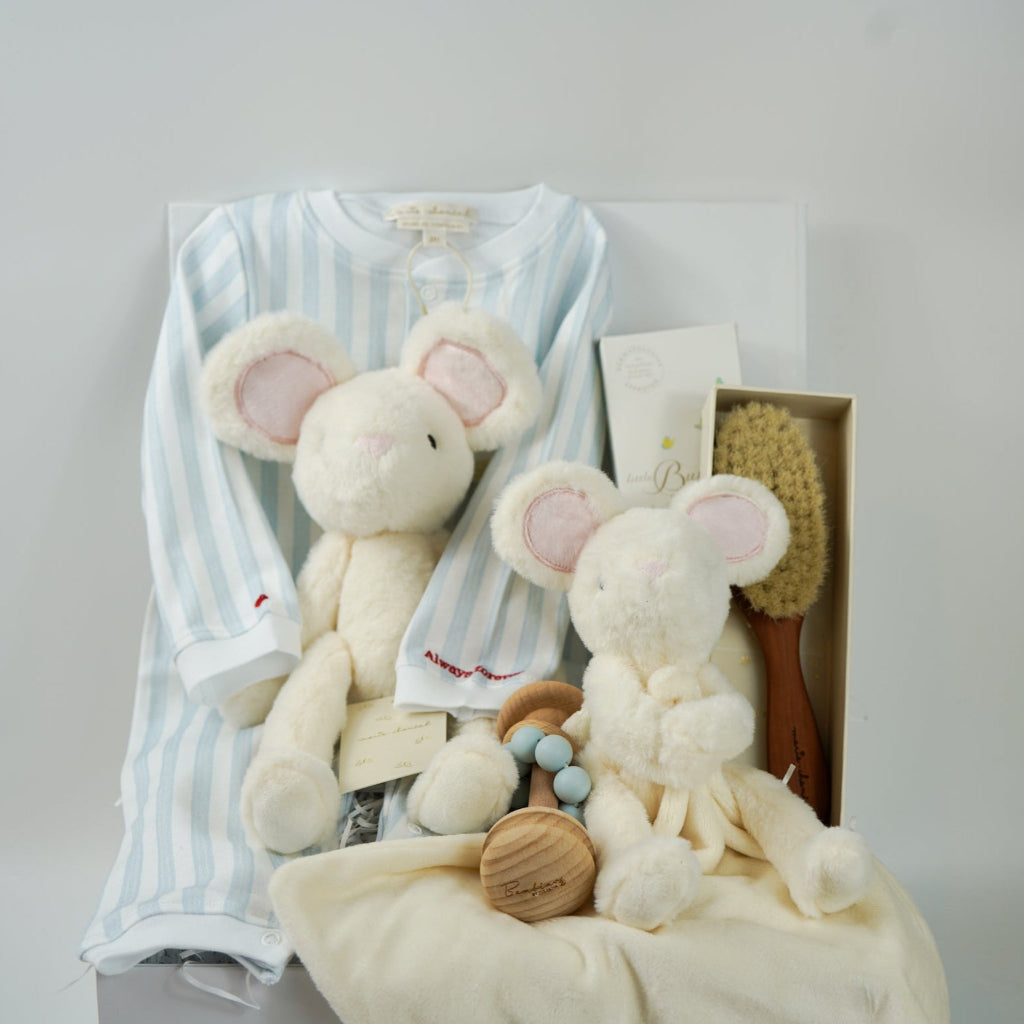 luxury baby gift hamper, luxury striped baby romper with embroidery on the cuffs, luxury pear wood hair brush, White mouse soft toy and matching comforter , wooden rattle