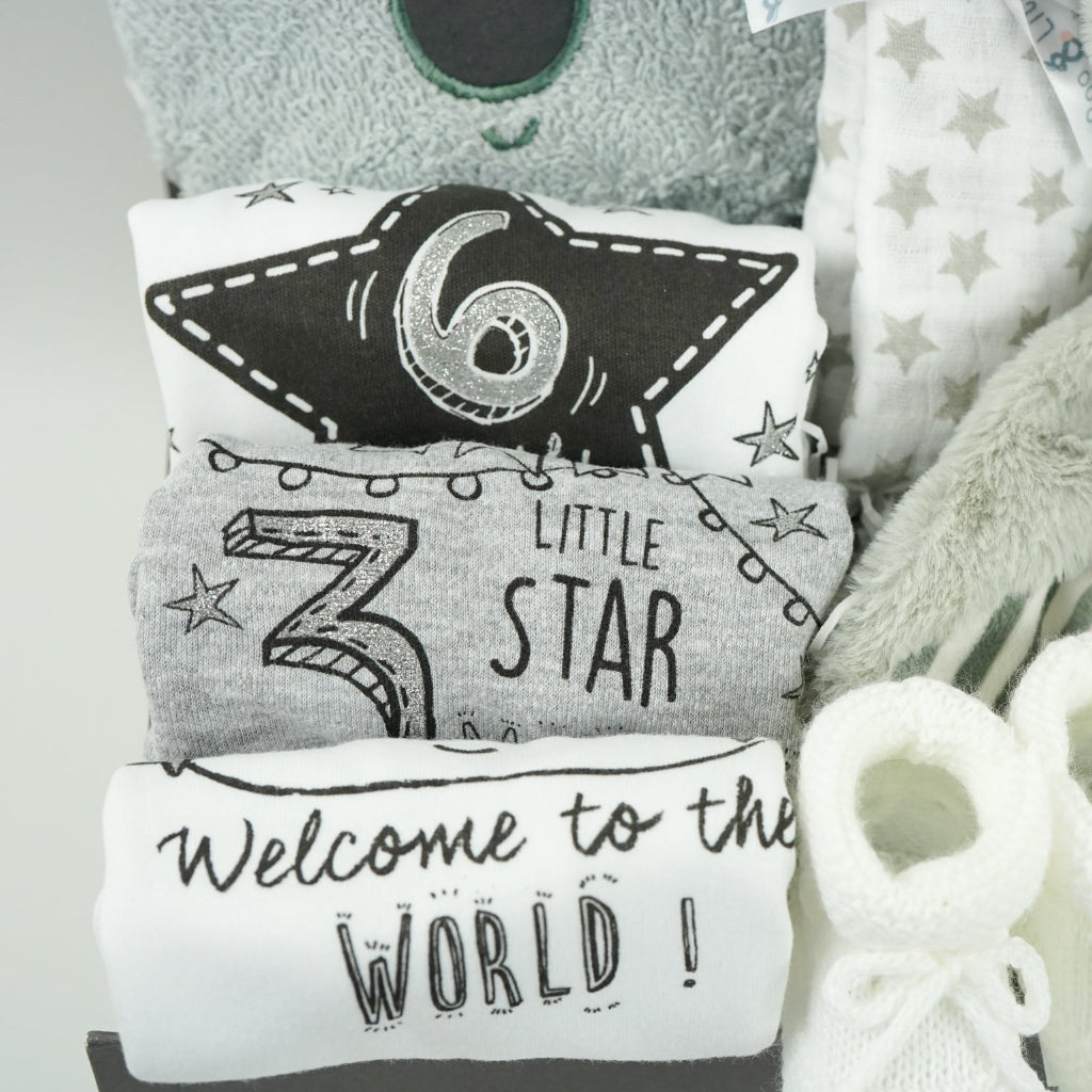 koala themed baby hamper box with koala grey hooded baby towel, white and grey cotton knot hat, white and grey muslin, Koala soft toy, Koala comforter , 2 x cotton white milestone vests newborn , 3 months and 6 months , white knit booties