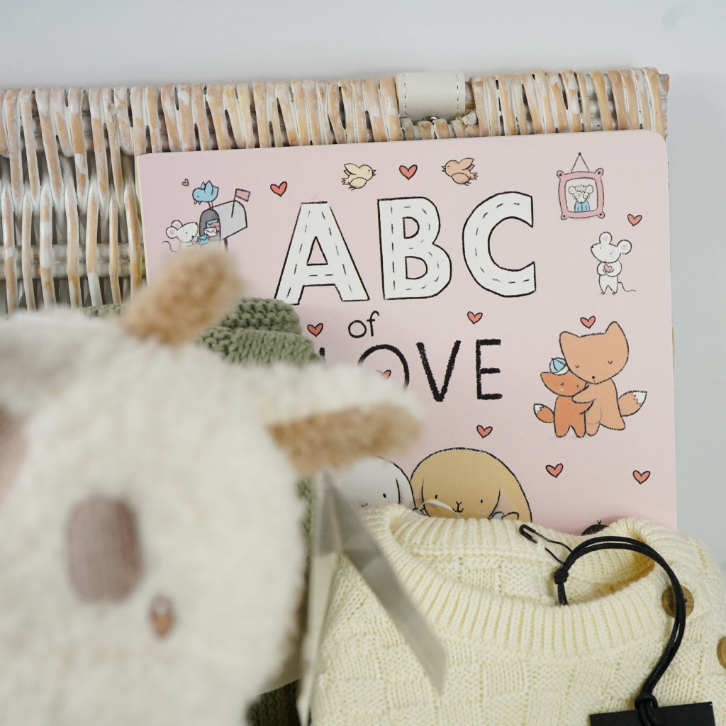 baby gifl hamper with soft cuddly teddy fleece giraffe soft toy, check cream organic cotton baby knit set, sage baby soft organic blanket, soft baby girl activity cube with miffy rabbit, ABC of Love baby board book