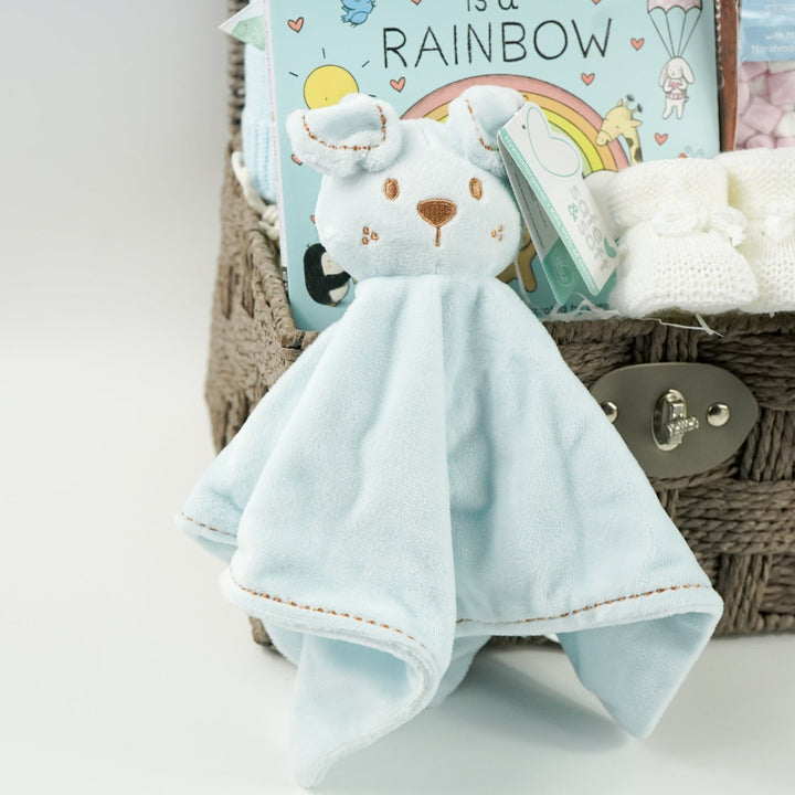 hamper basket with baby blanket in blue and white stipe, soft teddy dog in blue and matching comforter,  board boo, white knit booties and white muslin square