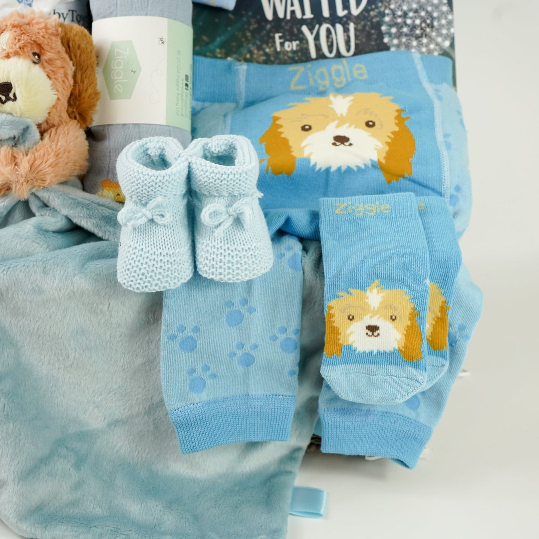 baby boy hamper box with blue puppy baby comforter with taggies, blue legging with a puppy on the bum, blue socks with puppy head, baby blue booties,  blue baby muslin with puppy, blue knot hat with puppy, blue cellular baby blanket, 'The world waited for you ' book