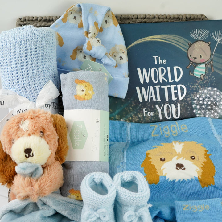 baby boy hamper box with blue puppy baby comforter with taggies, blue legging with a puppy on the bum, blue socks with puppy head, baby blue booties,  blue baby muslin with puppy, blue knot hat with puppy, blue cellular baby blanket, 'The world waited for you ' book