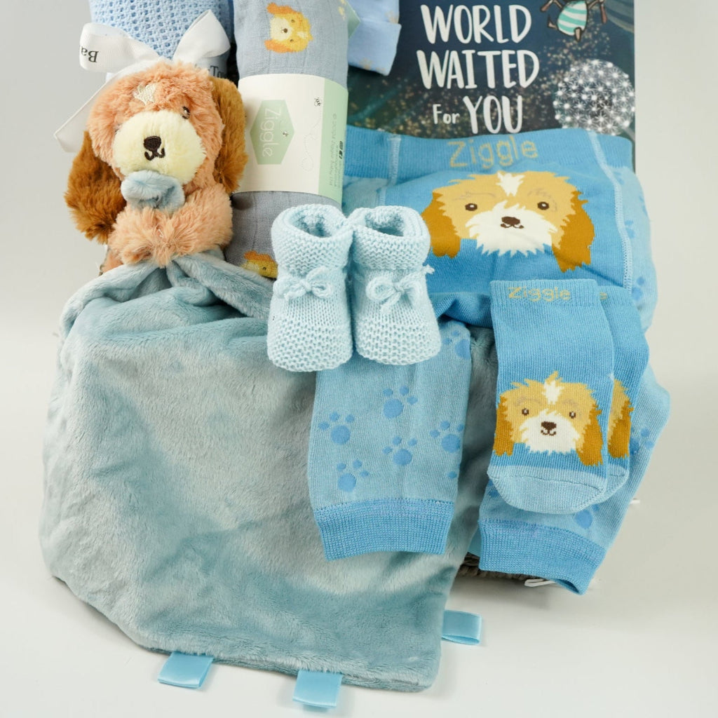 baby boy hamper box with blue puppy baby comforter with taggies, blue legging with a puppy on the bum, blue socks with puppy head, baby blue booties,  blue baby muslin with puppy, blue knot hat with puppy, blue cellular baby blanket, 'The world waited for you ' book