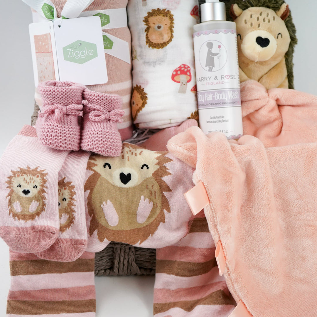 hedgehog themed baby hamper with pink striped hedgehog knit baby leggings and matching socks, baby pink star blanket, baby swaddle with hedgehogs , hedgehoge taggie comforter, baby knit booties, organic baby bath
