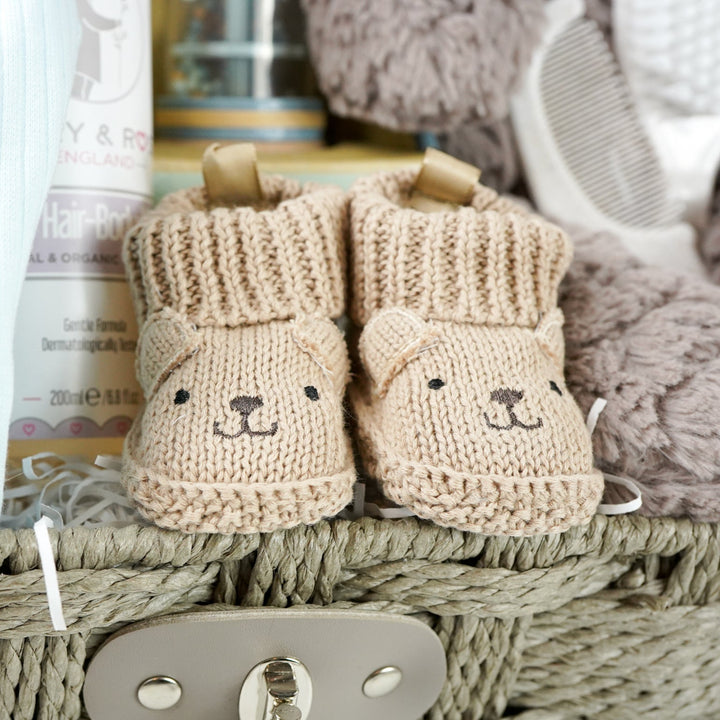 Baby Boy Hamper Basket, Baby Zipped Sleepsuit, Hooded Towels, Baby Booties And Snuggly Teddy