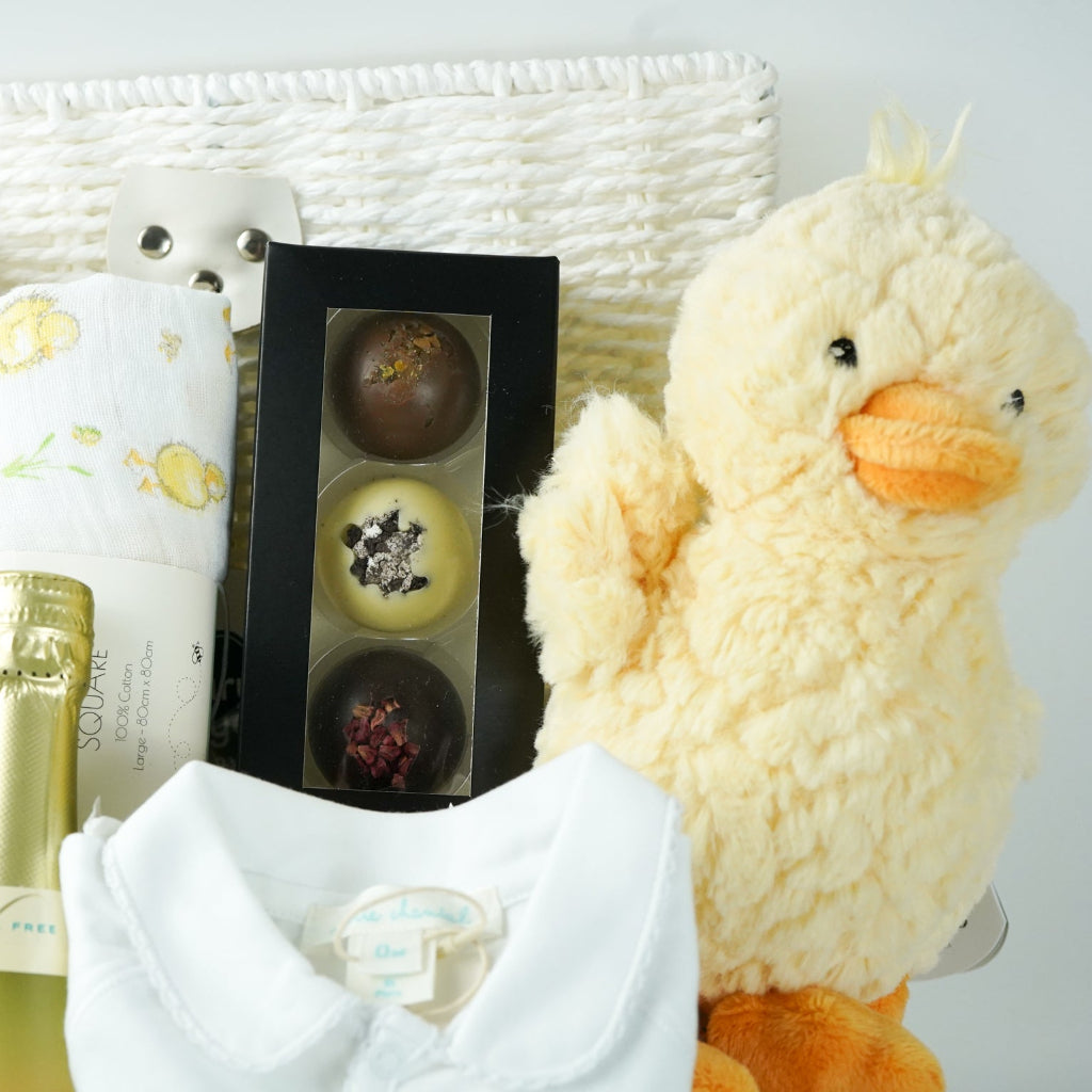 Luxury Hamper For New Mum And Baby With Luxury Baby Sleepsuit And Cute Ducks