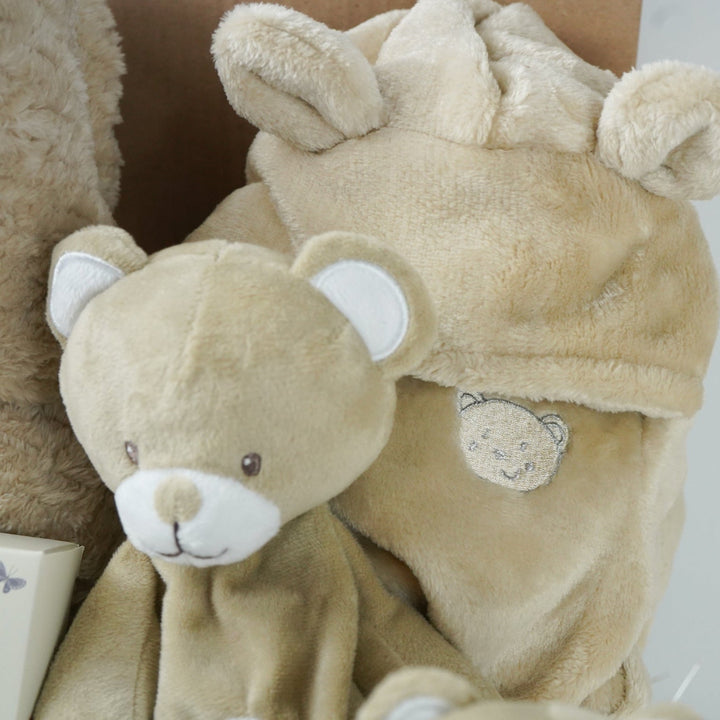 Baby gift set with teddy bears, blanket, wooden  milestone discs and booties in a box 