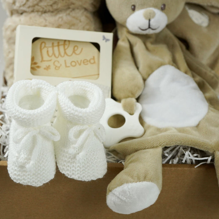 Baby gift set with teddy bears, blanket, wooden  milestone discs and booties in a box 