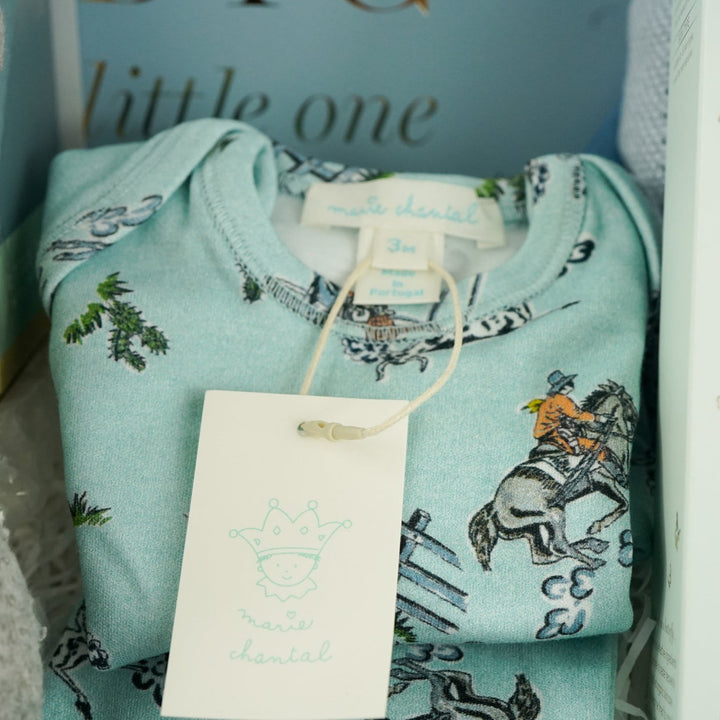 uxury baby boy gift hamper with blue rain rattle, dream big photo album in blue . blue bamboo cellular blanket, luxury GOTs panda soft toy by Steiff, Luxury baby boy pyjamas with cowboys, mum stretch mark cream