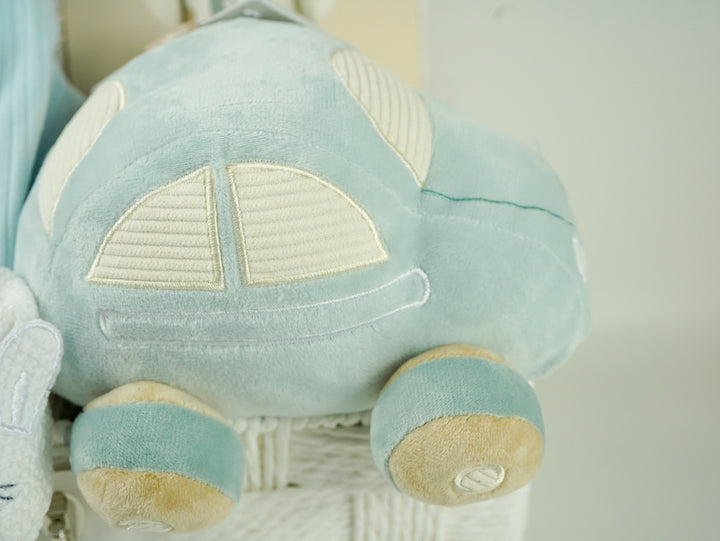 Baby Boy Hamper Basket With Car Activity Toy, Soft Muslin Blanket And Baby Outfit