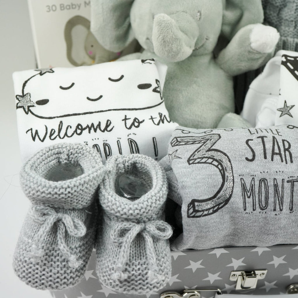grey storage suitcase with baby items including baby hat with soft fluffy double pompoms, baby memory cards, soft elephant toy, baby set of milestone vests , white knit booties and grey knit booties