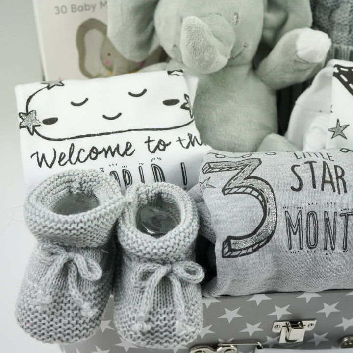 grey storage suitcase with baby items including baby hat with soft fluffy double pompoms, baby memory cards, soft elephant toy, baby set of milestone vests , white knit booties and grey knit booties