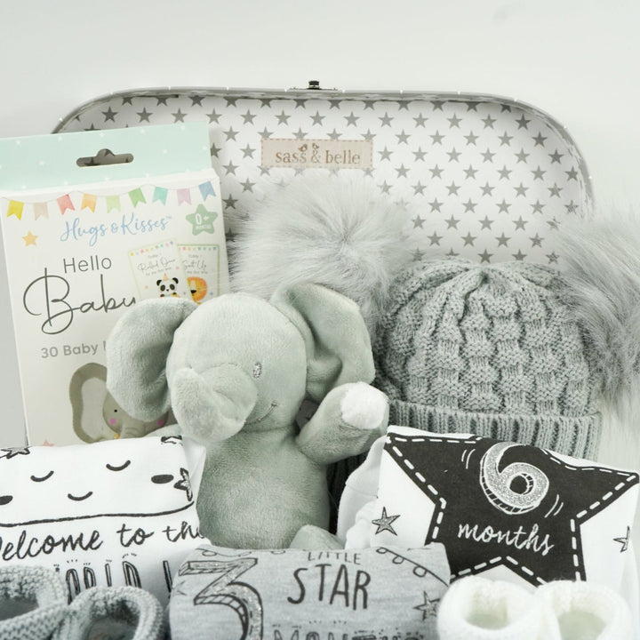 grey storage suitcase with baby items including baby hat with soft fluffy double pompoms, baby memory cards, soft elephant toy, baby set of milestone vests , white knit booties and grey knit booties
