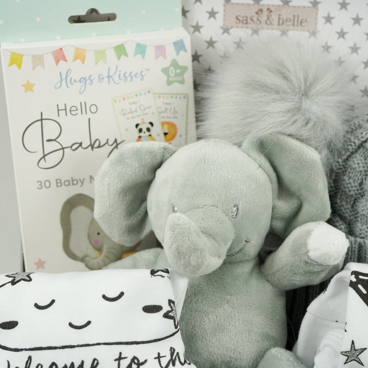 grey storage suitcase with baby items including baby hat with soft fluffy double pompoms, baby memory cards, soft elephant toy, baby set of milestone vests , white knit booties and grey knit booties