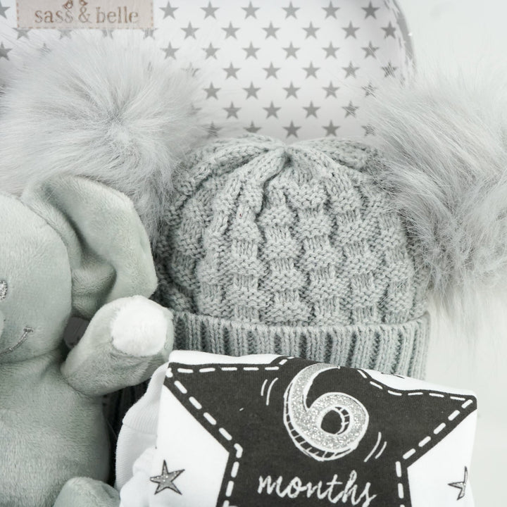 grey storage suitcase with baby items including baby hat with soft fluffy double pompoms, baby memory cards, soft elephant toy, baby set of milestone vests , white knit booties and grey knit booties