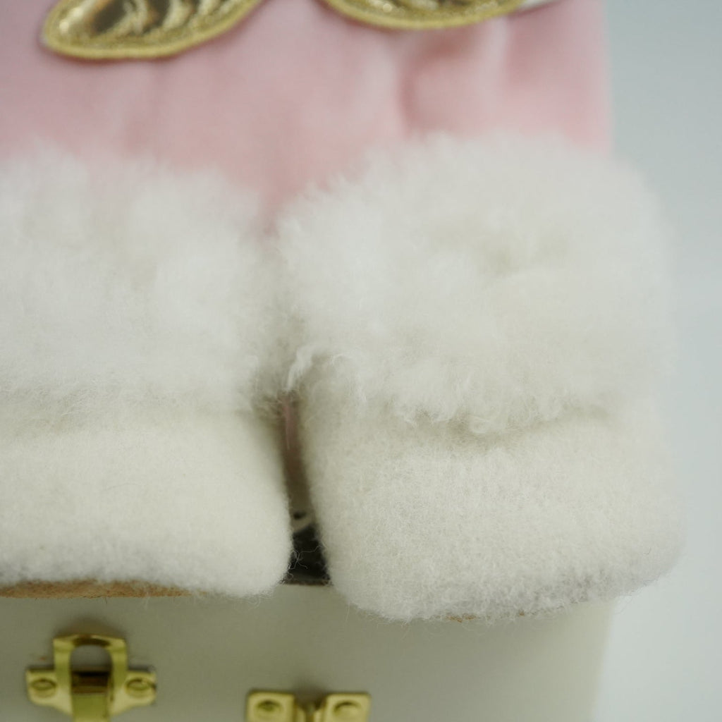luxury baby girl gift, pink velour sleepsuit with gold angel wings by Marie-Chantal, alpaca white baby slippers, Organic baby toiletries  and pink miffy comforter 