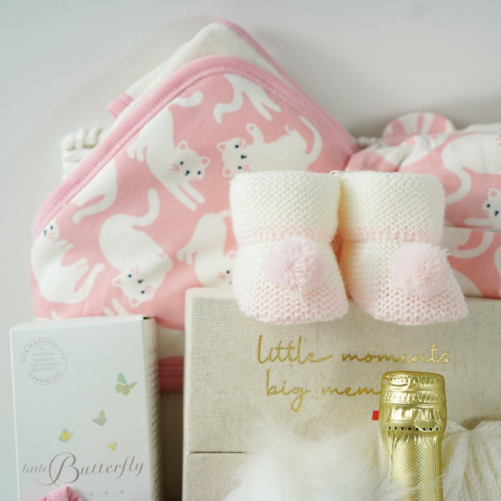aby gift basket with pink plush toy, pink organic baby clothes, baby pink wrap with kittens, pink organic baby blanket, milestone cards, organic body wash and bottlle of nonsecco 