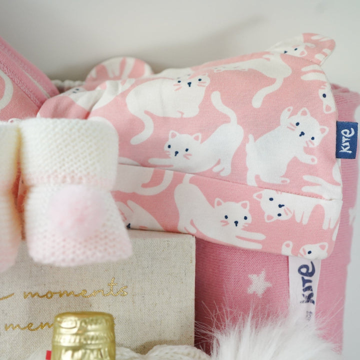 aby gift basket with pink plush toy, pink organic baby clothes, baby pink wrap with kittens, pink organic baby blanket, milestone cards, organic body wash and bottlle of nonsecco 