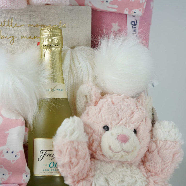 aby gift basket with pink plush toy, pink organic baby clothes, baby pink wrap with kittens, pink organic baby blanket, milestone cards, organic body wash and bottlle of nonsecco 