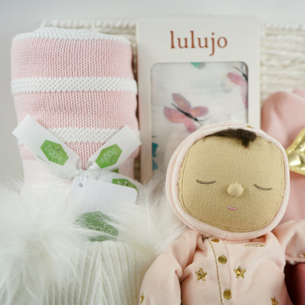 Baby Girl Gift Hamper, Olli Ella Lullaby Dozy Dinkum First Doll, Luxury Baby Outfit