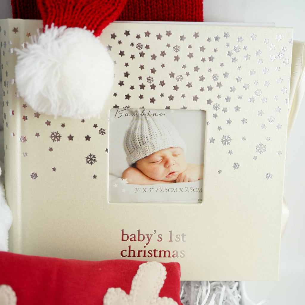 baby's first christmas hamper with a santa miffy, organic cotton reindeer outfit , baby santa hat and 1st Christmas photo album 