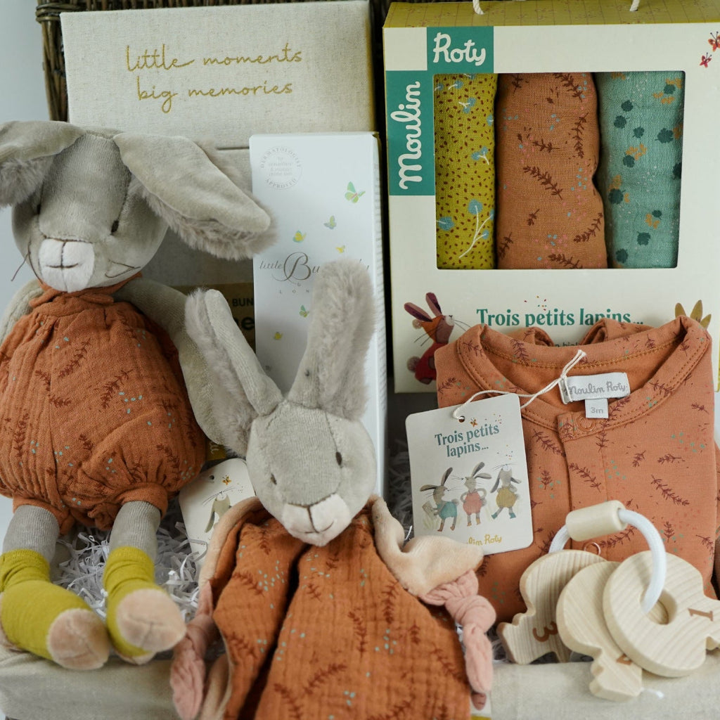 Luxury Neutral Baby Hamper Gift In Clay, Moulin Roty Trois Lapin's Soft Toy And Baby Comforter