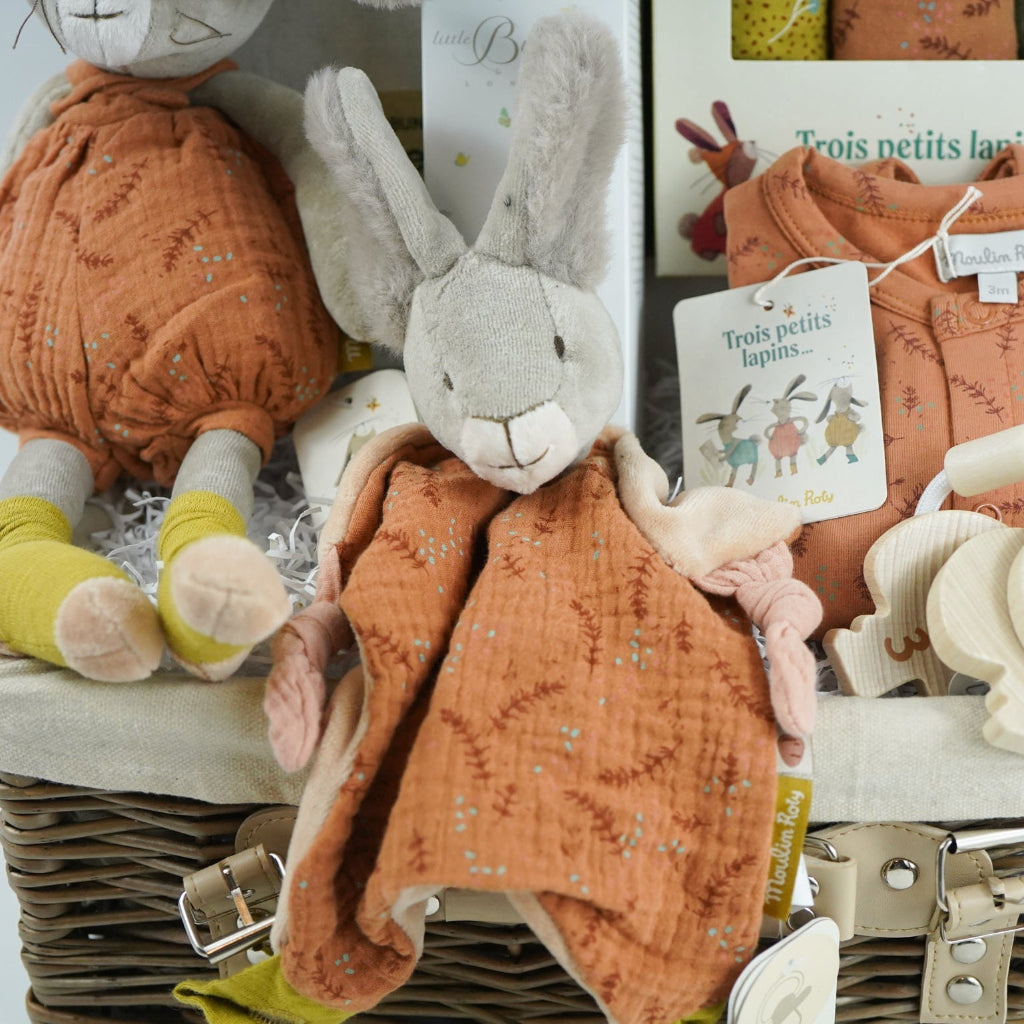 Luxury Neutral Baby Hamper Gift In Clay, Moulin Roty Trois Lapin's Soft Toy And Baby Comforter