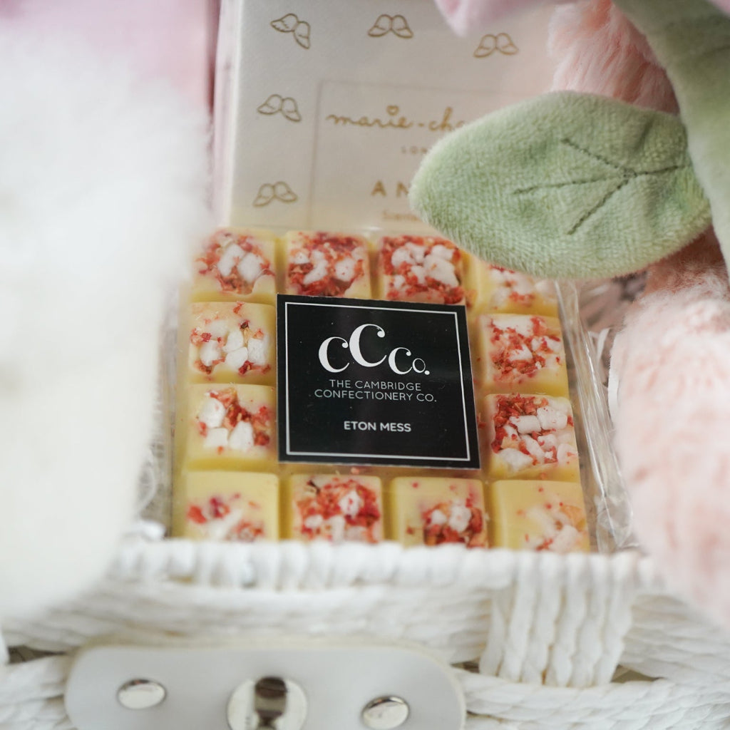 Baby Girl And Mum Hamper Basket, Heart Print Ruffle Baby Grow And Pink Teddy