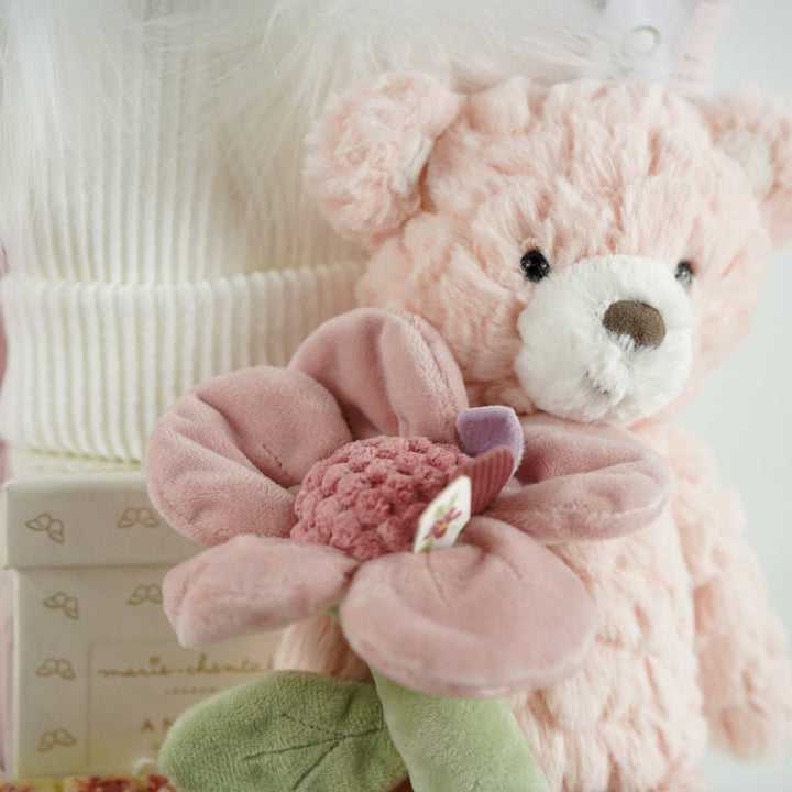 Baby Girl And Mum Hamper Basket, Heart Print Ruffle Baby Grow And Pink Teddy