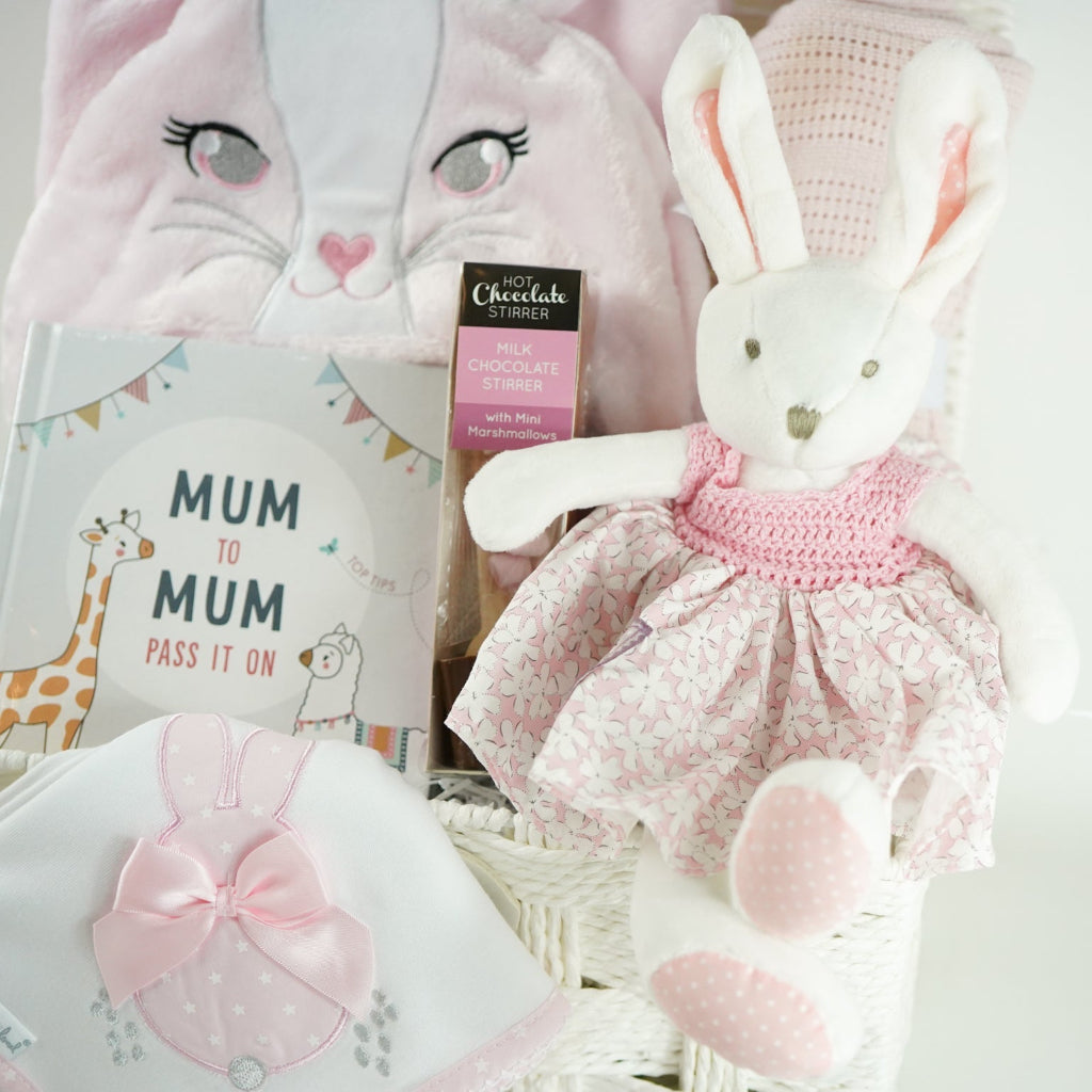 Pink Bunny Baby Gift Hamper Basket With Bunny  And Cuddle Wrap