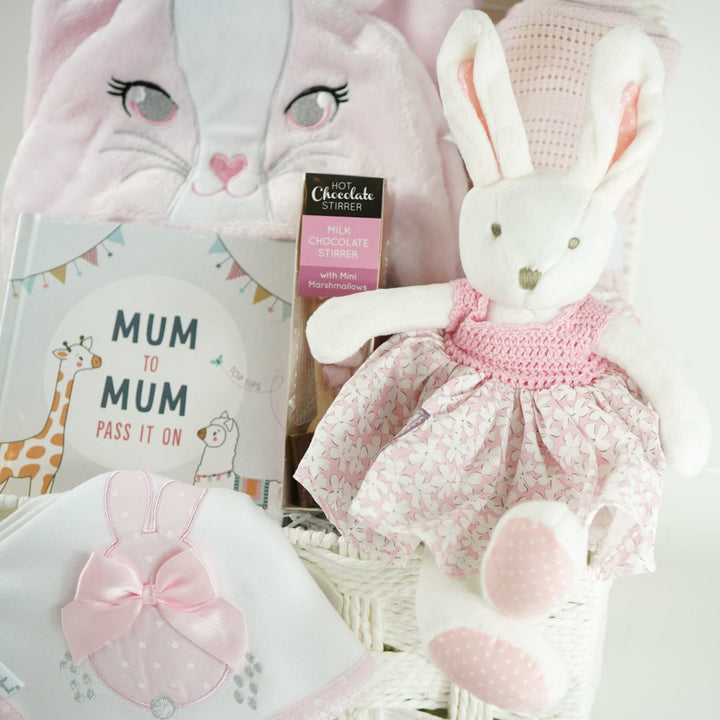 Pink Bunny Baby Gift Hamper Basket With Bunny  And Cuddle Wrap