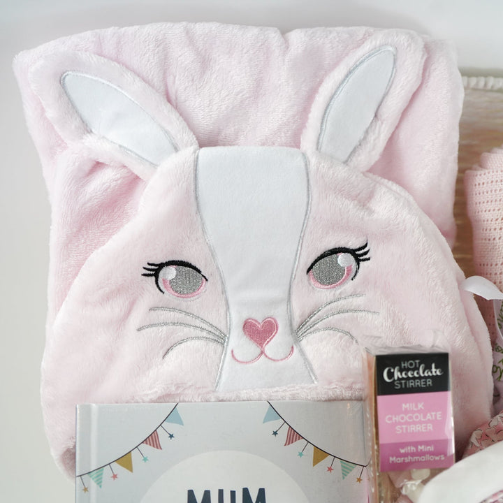 Pink Bunny Baby Gift Hamper Basket With Bunny  And Cuddle Wrap