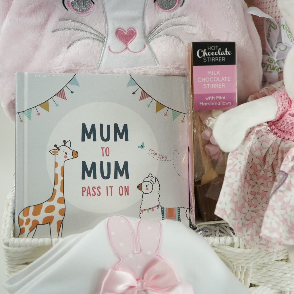 Pink Bunny Baby Gift Hamper Basket With Bunny  And Cuddle Wrap